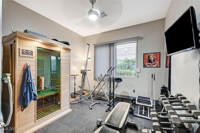 exercise area with ceiling fan