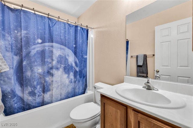 full bathroom featuring vanity, toilet, and shower / bathtub combination with curtain