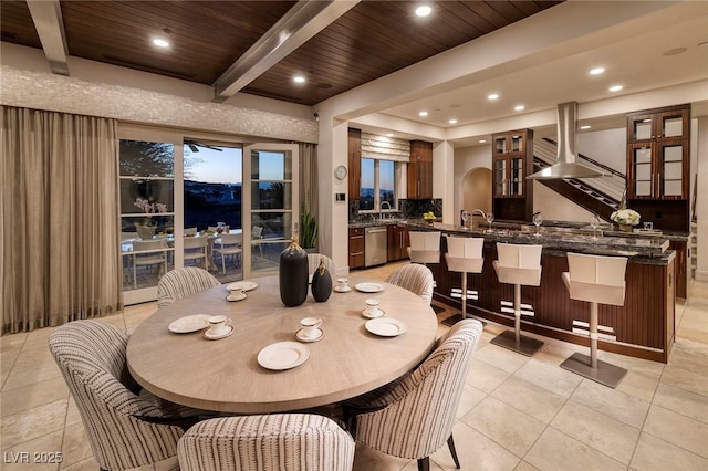 dining area with recessed lighting, beamed ceiling, wood ceiling, and light tile patterned floors