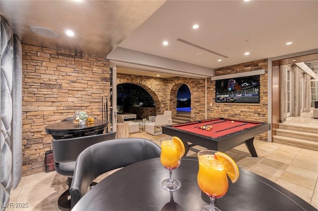 recreation room with tile patterned flooring, recessed lighting, and billiards