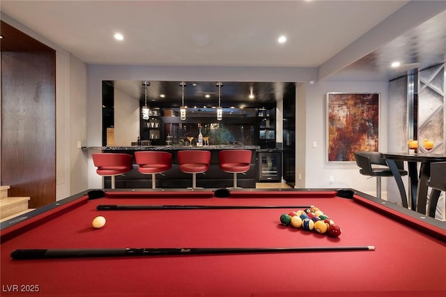 recreation room featuring indoor wet bar, recessed lighting, pool table, and beverage cooler