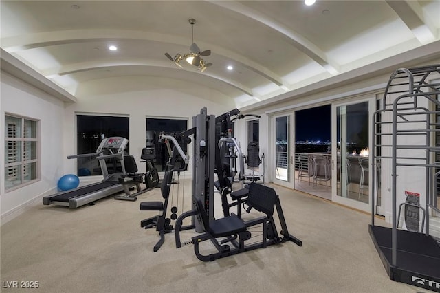 gym with baseboards, lofted ceiling, carpet floors, recessed lighting, and a ceiling fan