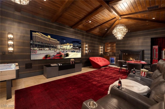 home theater room featuring visible vents, a notable chandelier, tile patterned flooring, wood ceiling, and vaulted ceiling with beams