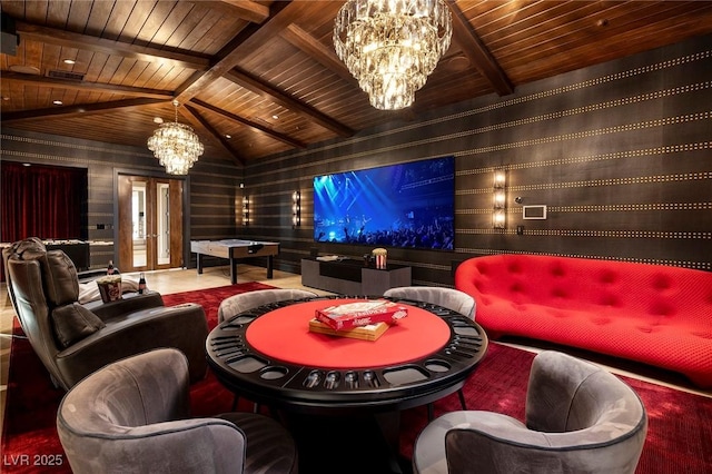 home theater featuring french doors, a notable chandelier, wooden ceiling, and vaulted ceiling with beams