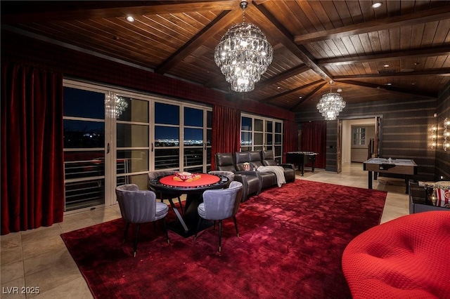 interior space with tile patterned flooring, wood ceiling, lofted ceiling with beams, and an inviting chandelier