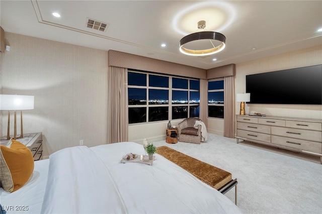 bedroom featuring visible vents, recessed lighting, and carpet floors