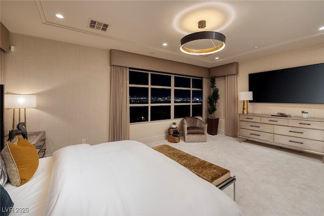 carpeted bedroom with recessed lighting and visible vents