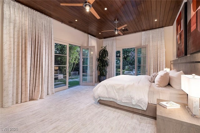 bedroom featuring visible vents, recessed lighting, wooden ceiling, and access to outside