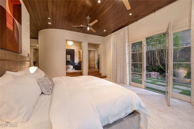 bedroom with ceiling fan, carpet, recessed lighting, wooden ceiling, and access to outside