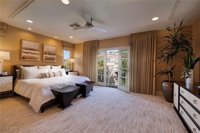 bedroom featuring access to exterior, visible vents, recessed lighting, and light wood-type flooring