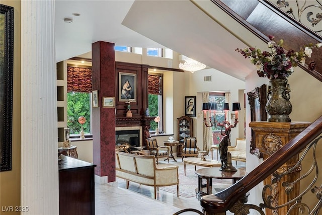 living room with a fireplace