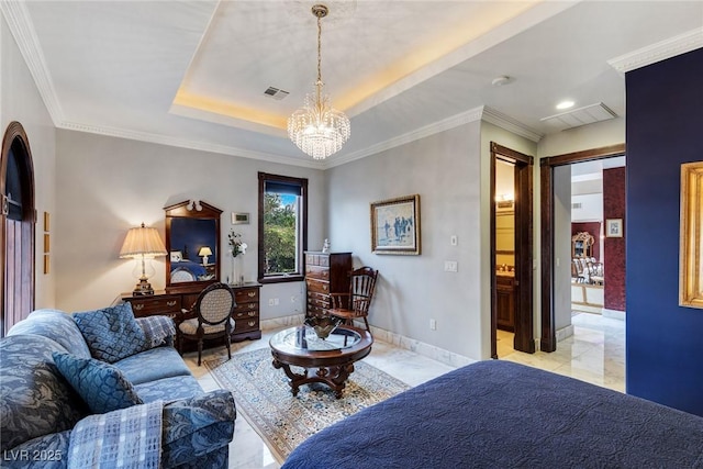 bedroom featuring ornamental molding, a raised ceiling, and a chandelier