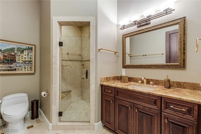 bathroom featuring walk in shower, vanity, toilet, and tile patterned flooring