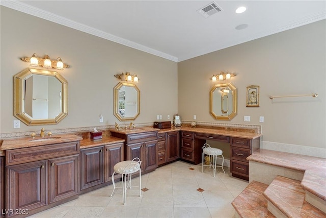 bathroom featuring crown molding, vanity, and tile patterned flooring