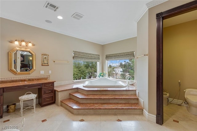 bathroom with a bidet, ornamental molding, toilet, and tile patterned flooring