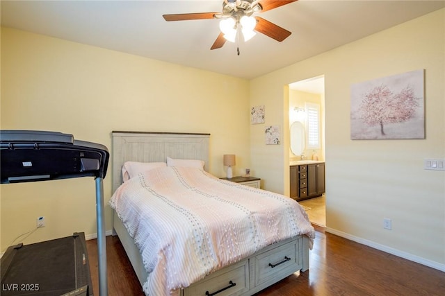 bedroom featuring dark wood-type flooring, ensuite bath, and ceiling fan