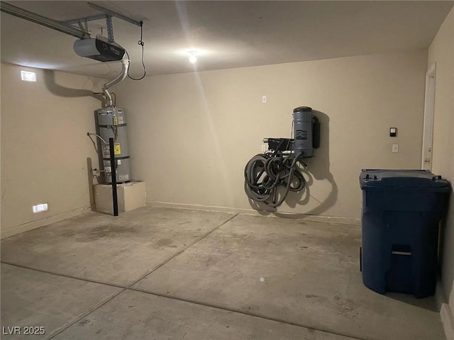 garage with a garage door opener and water heater