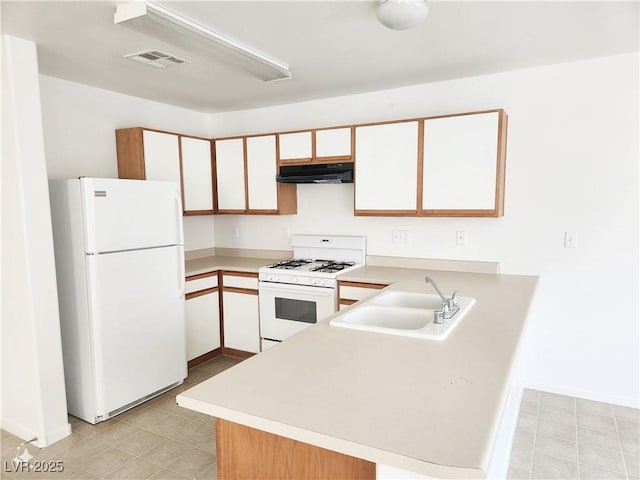 kitchen featuring white cabinetry, white appliances, kitchen peninsula, and sink