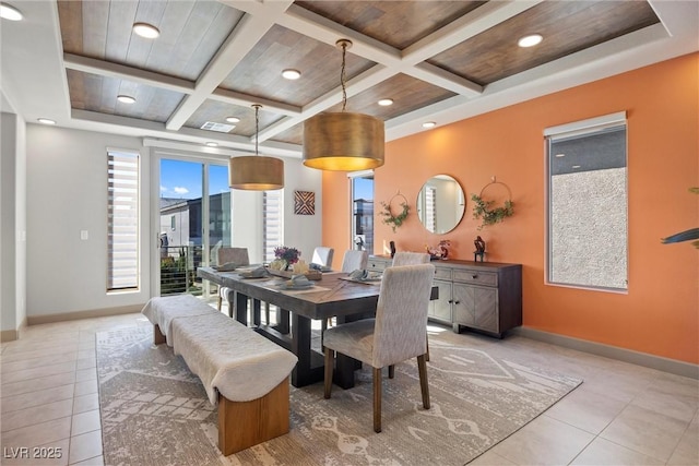 tiled dining area with coffered ceiling, wood ceiling, and beam ceiling