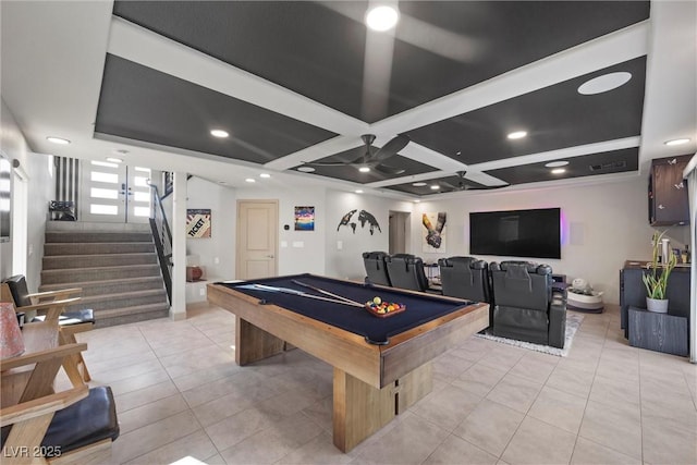 game room featuring ceiling fan, coffered ceiling, billiards, and light tile patterned floors