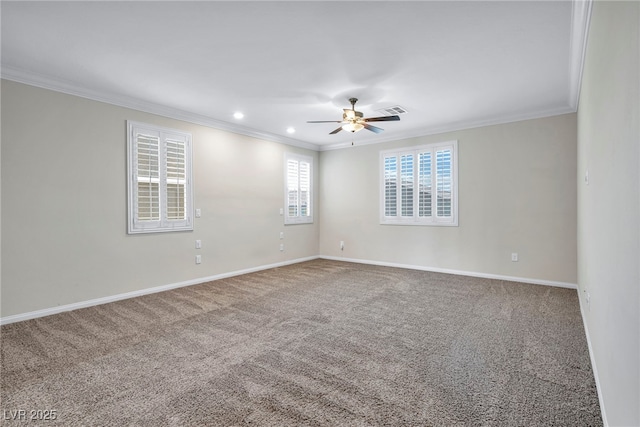 carpeted empty room with crown molding and ceiling fan