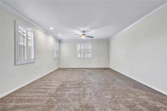 spare room with crown molding, ceiling fan, and carpet floors