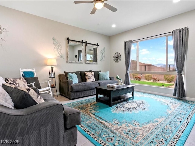 living room featuring ceiling fan