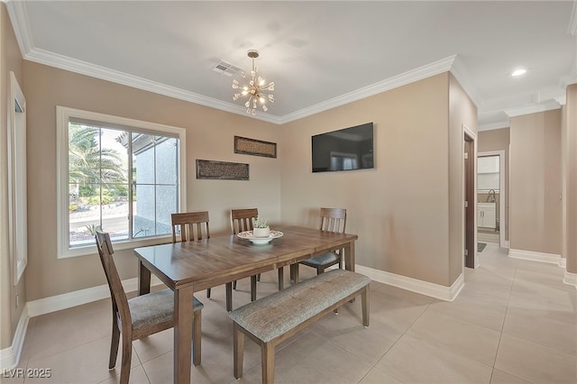 tiled dining room featuring ornamental molding and a notable chandelier