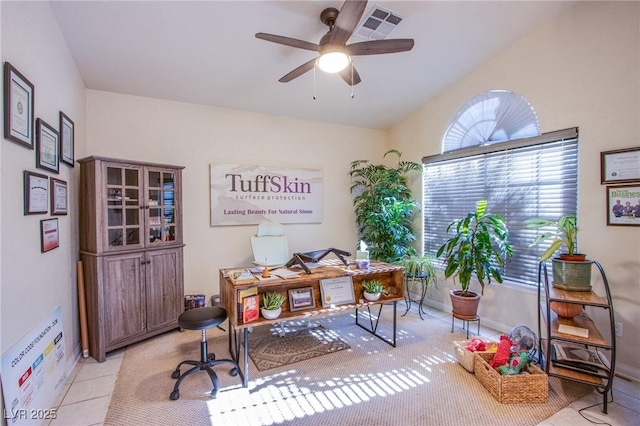 tiled office with ceiling fan