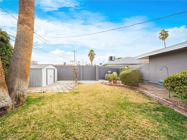 view of yard with a patio area and a storage unit