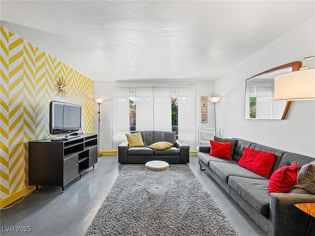 living room with a textured ceiling