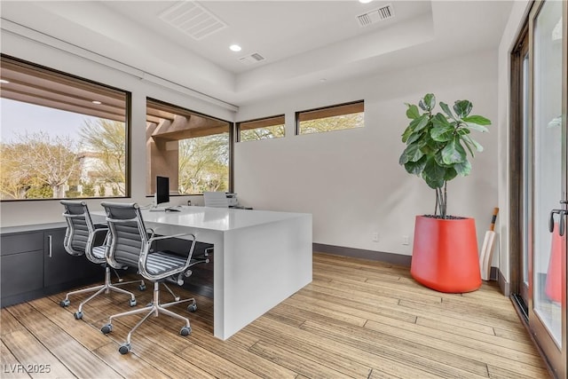 office area featuring a tray ceiling and light hardwood / wood-style floors