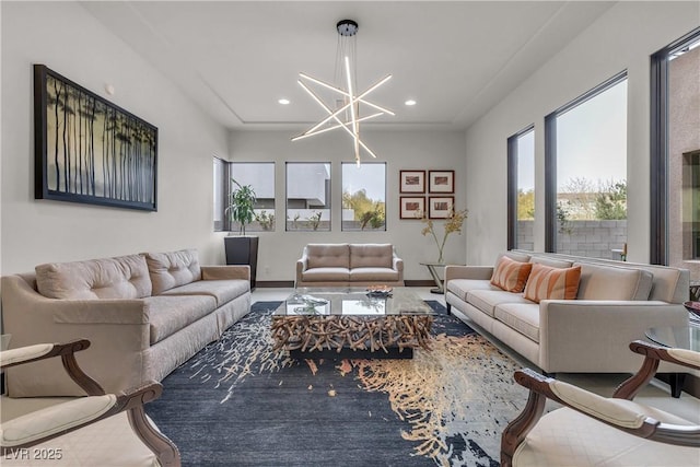 living room with a chandelier