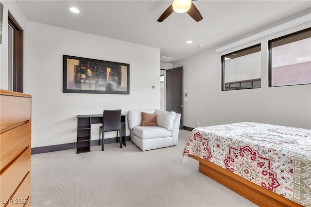 bedroom with ceiling fan and carpet