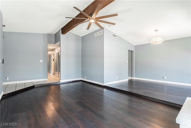 unfurnished room with hardwood / wood-style flooring, ceiling fan with notable chandelier, a textured ceiling, and beamed ceiling