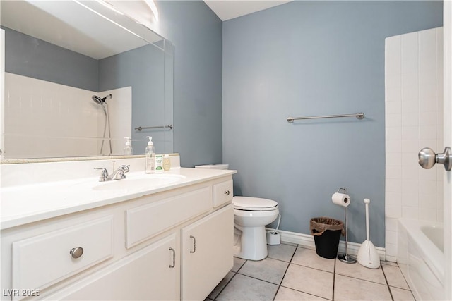 full bathroom featuring tile patterned flooring, vanity, toilet, and washtub / shower combination