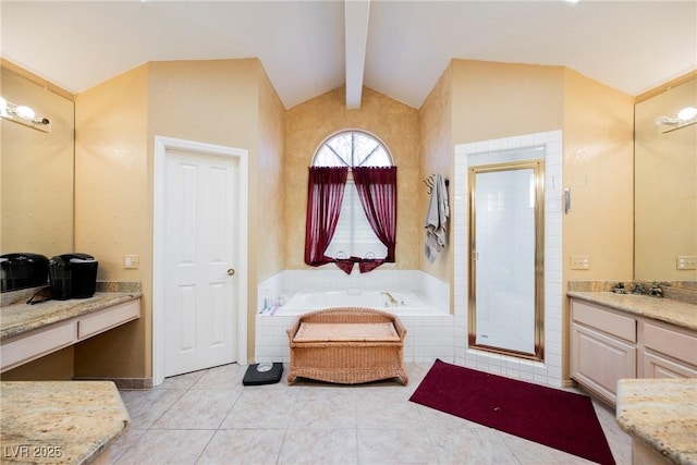 bathroom with tile patterned floors, vanity, plus walk in shower, and lofted ceiling with beams