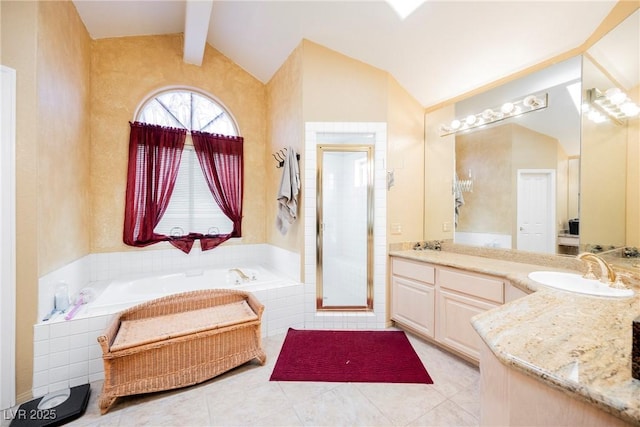 bathroom featuring vanity, tile patterned floors, lofted ceiling with beams, and independent shower and bath