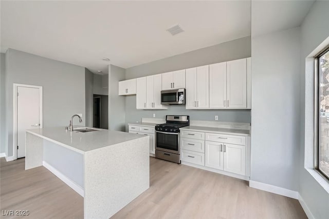 kitchen featuring white cabinetry, sink, a kitchen island with sink, stainless steel appliances, and light hardwood / wood-style flooring