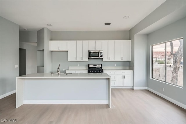 kitchen with appliances with stainless steel finishes, sink, a center island with sink, and white cabinets