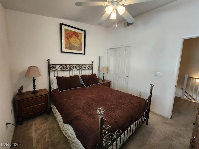 bedroom with ceiling fan and carpet