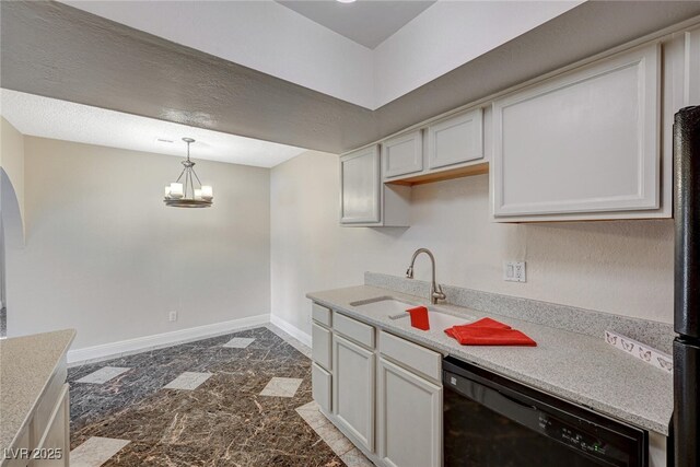 kitchen featuring sink, decorative light fixtures, a chandelier, a textured ceiling, and black appliances