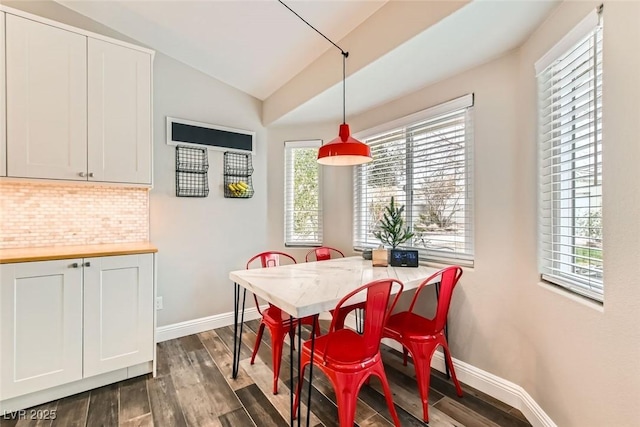 dining space featuring dark hardwood / wood-style flooring, plenty of natural light, and lofted ceiling