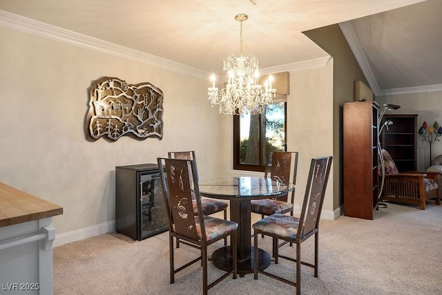 carpeted dining area with crown molding and an inviting chandelier