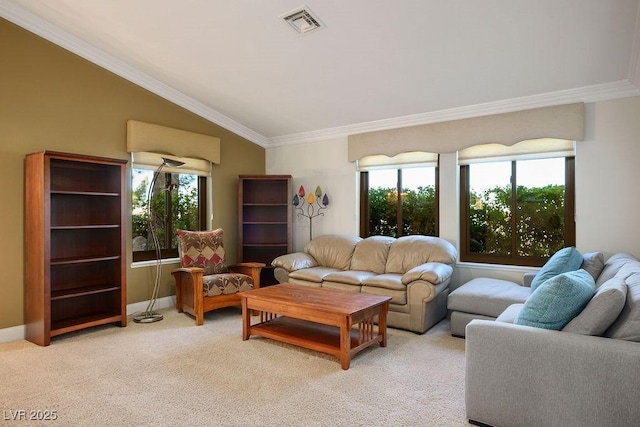 carpeted living room featuring lofted ceiling, crown molding, and a wealth of natural light