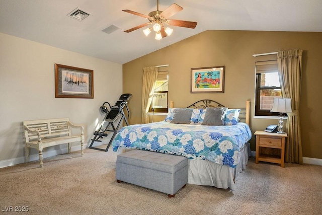 bedroom with carpet, lofted ceiling, and ceiling fan