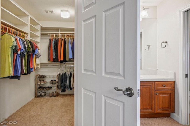 walk in closet with light colored carpet