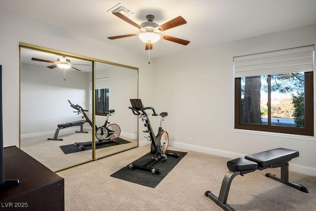 workout room featuring ceiling fan and carpet flooring