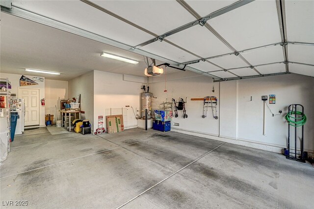 garage with a garage door opener and gas water heater