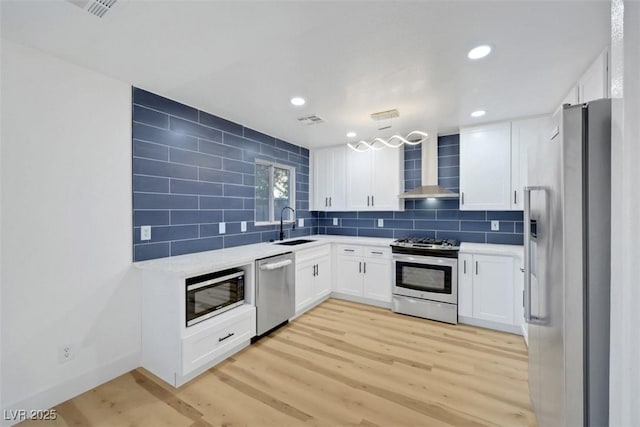 kitchen with sink, white cabinetry, tasteful backsplash, stainless steel appliances, and wall chimney range hood